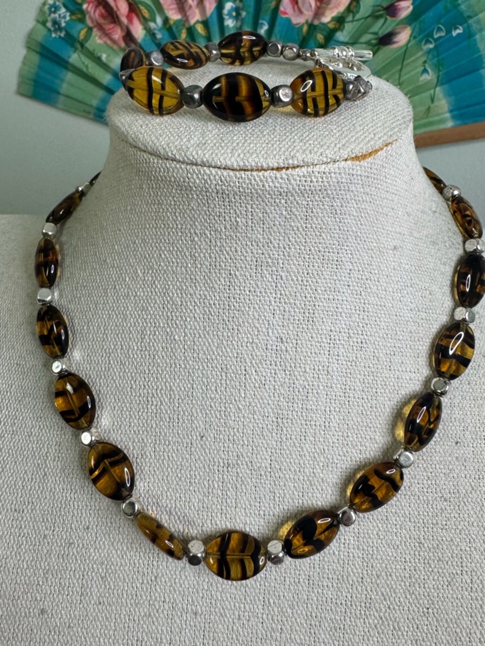 Lauren Ralph Lauren Brown Tiger Striped Glass Bead Necklace & Bracelet Set